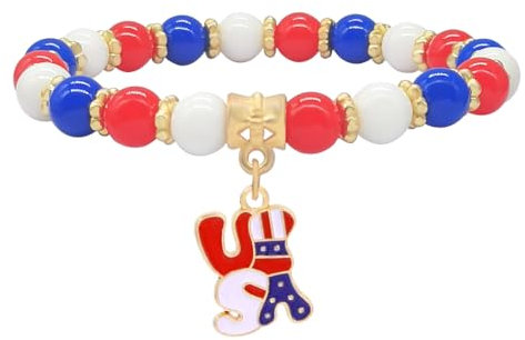 ZMANYIJEW 2024 New Independence Day Bracelets American Flag Stretch Beaded Bracelet Red White and Blue Bracelets Beaded American Flag Star Heart Bow Pendant Bracelet Patriotic Jewelry for Women Men,