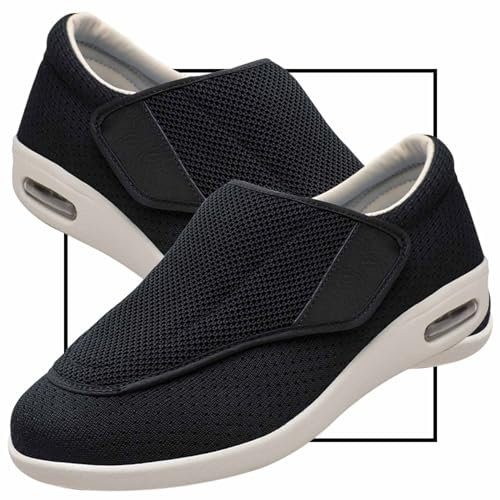 Möge Chaussons Diabétiques Homme Réglable Orthopédique Sandales Large Chausson Fermeture Scratch pour Personne Âgée Pieds Gonflés Arthrite Oedème Swollen Pantoufle(Color:Black,Size:46 EU)