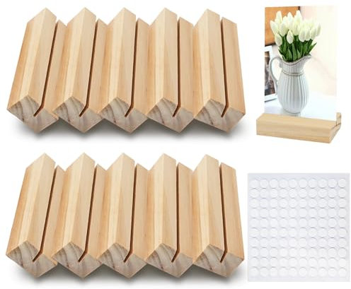 10 Pièces Bois Naturel Support Photo Carte, Porte-Cartes de Table Simples en Bois avec Adhésif Double Face, Stabil Porte de Menu Mariage Photo pour Banquets Fêtes Décoration