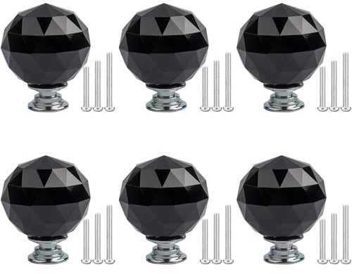 FKKFSS Crystal Glass Ball Door Handle丨6PCS Crystal Ball Glass Door Handle with Screws, Cabinet, Bookcase, Wardrobe Door Handle, Suitable for Wooden Door, Metal Door(Black) (40mm)