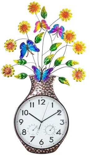 HOBYLUBY Große Outdoor-Uhr mit Thermometer und Hygrometer-Kombination, Outdoor-Wanduhr, geräuschlos, nicht tickend, Quarz-Außenuhr, Dekoration für Terrasse, Wohnzimmer, Küche, Garten