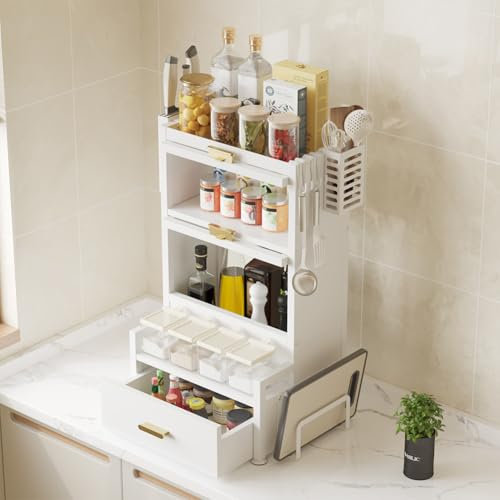 BAKAJI Sideboard Gewürzregal aus Metall, platzsparend, Organizer mit doppelter Vitrine für Küche, rutschfester Boden und Schublade, 41 x 28 x 70 cm (Weiß)