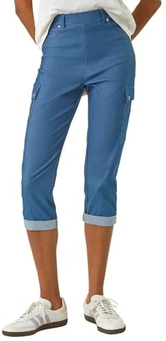 Roman Turn Up Stretch Cargo Trousers for Women UK - Ladies Spring Everyday Summer Holiday Skinny Fit Soft Utility Pull On Comfy Pocket Detail Pants Slim Bottoms - Denim - Size 16
