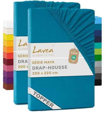 Lavea® 2er Pack Topper Spannbettlaken 200x220cm – Aquamarin | 100% Baumwolle Jersey – Für Topper bis 10 cm Höhe – Weich, Formstabil und Langlebig