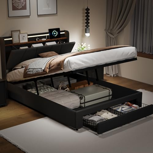 CDQL Polsterbett Doppelbett 160x200cm mit pneumatischem Stauraum und 2 Schubladen, aufklappbarem Kopfteil, LED-Bett mit USB-Anschluss und Lattenrost, Funktionsbett, Jugendbett, Leinen, Dunkelgrau