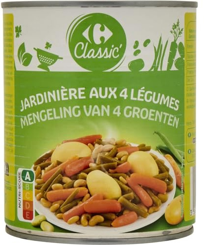 CARREFOUR CLASSIC' - Jardinière de Légumes 4 Variétés Carottes Haricots Verts Pommes de Terre Flageolets - la boite de 510g net égoutté - 800g - Le Lot De 4