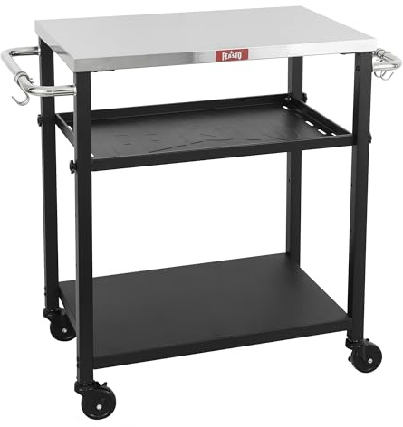 Grillwagen Outdoor Grilltisch Outdoor wetterfest Pizzatisch Servierwagen | 87,5x41x84cm mobile outdoor-Küche mit Edelstahlplatte, höhenverstellbarer Mittelregal, für Terrasse, Küche