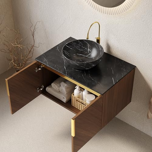 VIVCA Mueble de pared de 76 cm para baño, lavabo de cerámica con diseño de piedra, encimera de piedra sinterizada, armario de madera contrachapada con 2 puertas, color negro