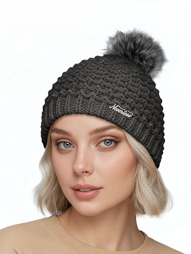 Neverless® Damen Strickmütze Perlstrickmuster Pudelmütze Wintermütze ohne Umschlag mit Fleecefutter und Kunstfellbommel Model 1978 Dunkelgrau Unisize