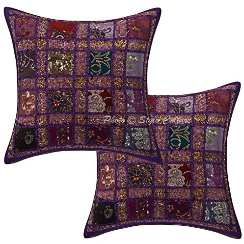 Stylo Culture Bohemien Dekorativ Baumwolle Sofa Kissenbezüge 40x40 cm Lila Dekokissen Patchwork Pailletten Bestickt Wohnzimmer Couch Kissenhullen Geometrisch Quadrat Kissen Bezüge - 2 STK.