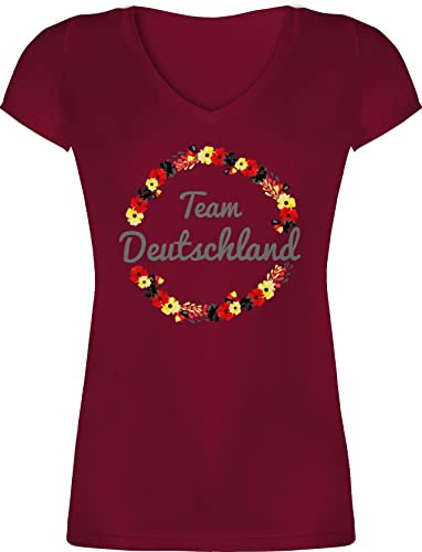 T-Shirt Damen V Ausschnitt - Fußball EM WM - Team Deutschland Blumenkranz - S - Bordeauxrot - Shirt 2021 fußball-Fanartikel Europameisterschaft Blumen Tshirt fußballtrikot Fussball Germany