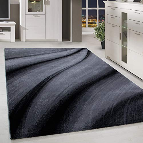HomebyHome Teppich Wohnzimmer 80x150 cm Schwarz Abstrakt Wellen Design - Schlafzimmer Teppich Kurzflor Extra Weich Pflegeleicht Teppiche Waschbar Küche Esszimmer - Carpet Living Room