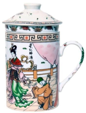 Taza de té de cerámica con tapa + colador para té suelto con motivo asiático (presente, 510) Taza china japonesa para los amantes del té, porcelana café regalo Set Asia Asia Taza de avena