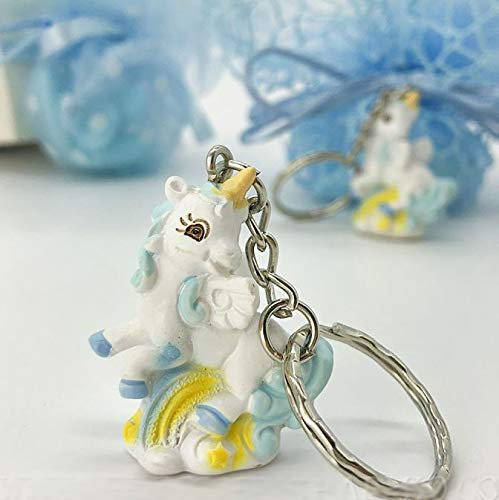 Ingrosso e Risparmio 12 Portachiavi in Resina con Ciondolo Unicorno Bianco e Celeste su di Un Arcobaleno, pensierini, Gadgets, bomboniere Nascita, Compleanno Bambino (con Confezione Rosa)