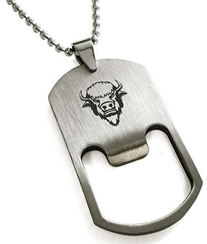 Tioneer Stainless Steel Bison Bottle Opener Dog Tag Pendant Necklace