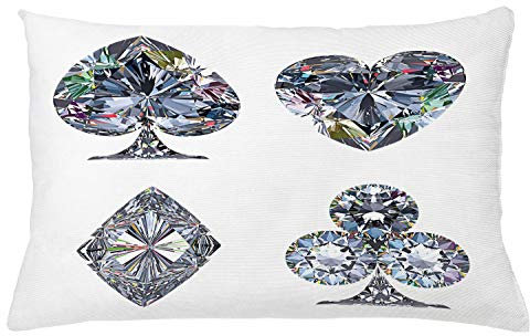 ABAKUHAUS Diamond Throw Pillow Cushion Cover, Playing Cards Diamonds Hearts Clubs Spades Casino Theme Charm Art Graphic Design, Decorative Square Accent Pillow Case, 26 X 16 Inches, White Grey