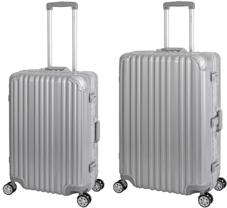 Travelhouse London · 2 teiliges Kofferset · Aluminium Rahmen · Polykarbonat Hartschale · Mittlerer Koffer 65cm & großer Koffer 75cm mit 4X 360° Silent Move Doppelrollen · Vol. M-67L · L-108L · Silber