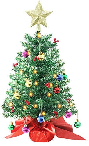 24 Inch Tabletop Christmas Tree, Artificial Mini Xmas Pine Tree with LED String Lights and Ornaments,Christmas Decoration Tree Decor-Red