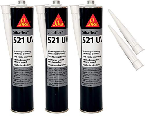 Sikaflex-521 UV witterungsbeständiger Haftstarker Dichtstoff, 300ml, Hellgrau, 3 Set mit 5 Düsenspitzen