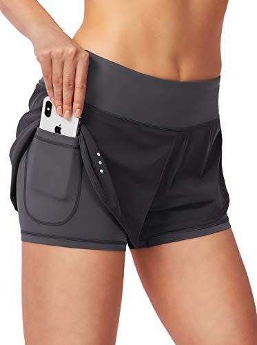 Damen 2-in-1 Lauf-Shorts Workout Athletic Gym Yoga Shorts für Frauen mit Handy-Taschen - Grau - Mittel