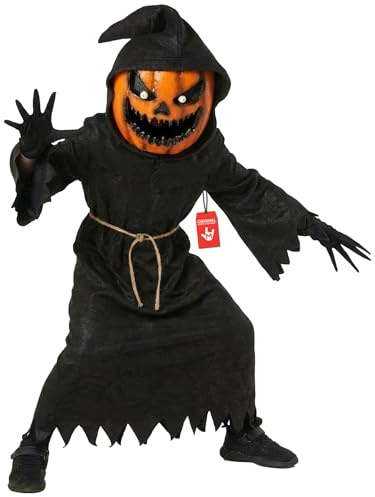 Morph Pumpkin Grim Reaper Costume Kids, Boys Halloween Costume | Robe, Hood, Mask & Gloves Included, 3D Pumpkin Mask with Mesh Eyeholes, Rope Belt, Perfect for Halloween, Great for Dress-Up