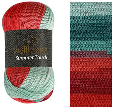 Wollbiene Summer Touch Batik 100 Gramm Wolle Mehrfarbig mit Farbverlauf, 100 Gramm merzerisierte Strickwolle Microfiber-Acryl (514 grün-rot 1)