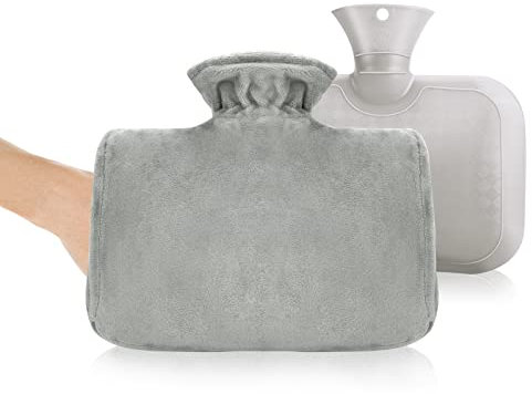 Wärmflasche mit Weichem Bezug 1,5L Wärmflasche mit Kängurutasche Auslaufsicher Wärmbeutel für Frauen Männer Kinder Grau