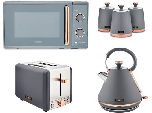 Tower Cavaletto Grey & Rose Gold 1.7L 3KW Pyramid Kettle, 2 Slice Toaster, 800W Microwave & 3 Tea, Coffee & Sugar Canisters. Contemporary Matching Kitchen Set of 6 in Grey & Rose Gold