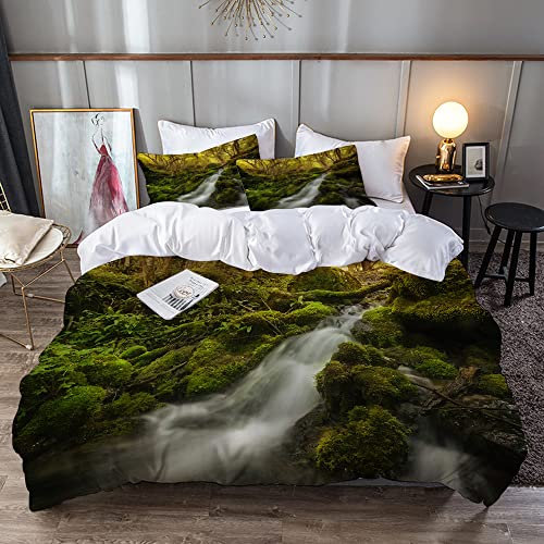 URSOPET Bettwäsche-Set,Mikrofaser,Im Freien,Bergwasserfall. Herbstwald. Laub. Moos Kaskade. Ruhige Aussicht,1 Bettbezug 200 x 200 cm + 2 Kopfkissenbezug 80x80cm