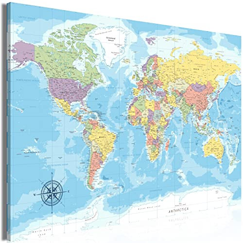 B&D XXL Weltkarte Pinnwand & Vlies Leinwand Bild 90x60 cm Bilder mit Kork Rückwand 1 Teilig Kunstdruck Korktafel Korkwand Memoboard Pinboard Wandbilder Landkarte k-C-0128-p-a