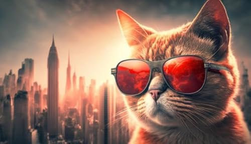 adrium AluVerbund-Bild 100 x 60 cm: Katze mit Sonnenbrille vor dem Hintergrund der Stadt. Das Konzept des Reisens. (202758406)