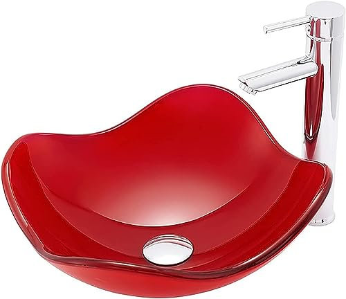 SXLSZ Waschbecken aus Gehärtetem Glas Aufsatzwaschbecken Rote Blütenform Aufsatz-Waschschale Künstlerisch Handwaschbecken Aufsatzbecken mit Wasserhahn und Pop-Up-Drain Combo