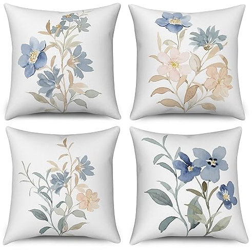 ASDCXZ Blume Kissenbezug 40x40 cm 4er Set, Aquarell Blau Rosa Blume Blätter Sofa Dekokissen Kissenbezüge Kissenhülle Waschbar Polyester Flachs Textil Outdoor Polster Kopfkissenbezug Kissen Bezug