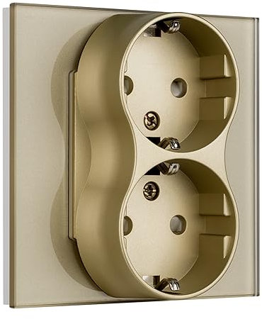 BSEED Schuko Steckdose 2 Fach auf einem Sockel, unterputz Steckdose Glas, Doppelsteckdose Unterputz passt in einem Unterputzdose, Doppel Wandsteckdose 16Amp EU Steckdose Gold - 86mm