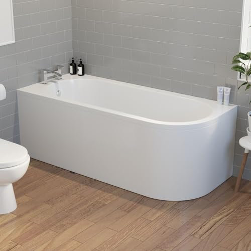 BAYSTONE Modern Bathroom 1700mm J Shape Left Hand Bath Front Panel Corner Bathtub Acrylic