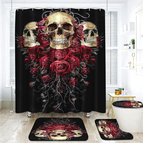 Fadaing Totenkopf Duschvorhang 180 x 200 180 x 180 Schädel Muster Gothic Duschvorhänge Wasserdichtes Polyeste Skull Duschvorhang Badezimmermatte 4-teiliges Set (180 x 180 cm,2)