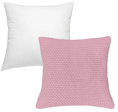 wometo Dekokissen-Set Strick Kissenbezug 45x45 mit Innenkissen und Federkissen Füllung rosa - Reißverschluss Oeko-TEX Sofakissen warme Kissenhülle mit Strickmuster