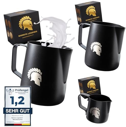 Barista Legends® Milchkännchen Schwarz Spar Set [100ml + 350ml + 600ml] - Milchschaumkännchen Teflonbeschichtet - Barista Milchkanne Edelstahl - Barista Zubehör