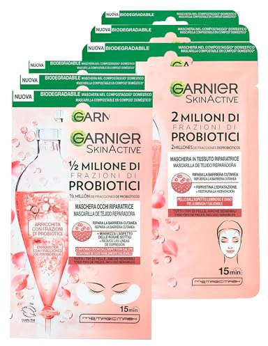 Garnier SkinActive Augenmaske aus Stoff mit Probiotika-Fraktionen, 3 Anwendungen + reparierende Gesichtsmaske aus Stoff mit Probiotika-Fraktionen, 3 Anwendungen