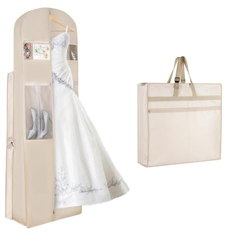 KEEGH Hochzeitskleidertasche, 183 cm, lang, dreifach gefaltet, Brautkleid, Tasche mit Zubehörtaschen und verstellbarer Schnalle, für Hochzeit, Abschlussball, Abendkleider (Beige)