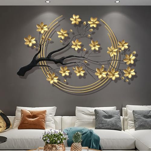 Ainydie Luxus Wanddeko aus Metall, Kreative 3D Handgefertigte Golden Blumen Wandskulptur, Wandkunst für Wohnzimmer Schlafzimmer Esszimmer Wohnkultur,108x68cm