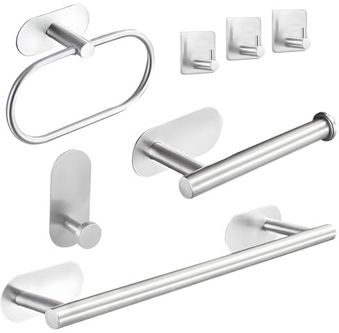 GULINO Juego Accesorios Baño 7 Piezas Acero Inoxidable, Kit Accesorios para baño, Toalleros de Baño sin Taladro, Accesorios de baño, Toalleros de baño, Kit de Accesorios baño, Toallero Baño (Plata)