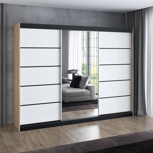 A&J MöbelLand Schwebetürenschrank VILANO 4, 3-türig Schrank 200 cm Kleiderschrank mit 4 Schubladen, und Spiegel (Weiß, Schwarz, Somona) (Sonoma/weiß/weiß)