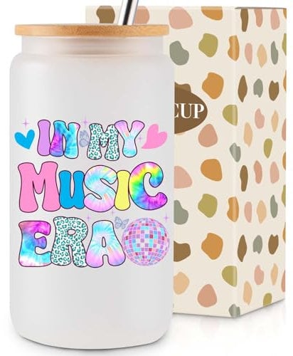 COCOGIFTS Music Lover Merch Gifts - 16oz Glass Cup - Birthday Stuff Gifts for Girls - Birthday Decorations - In My Music Era