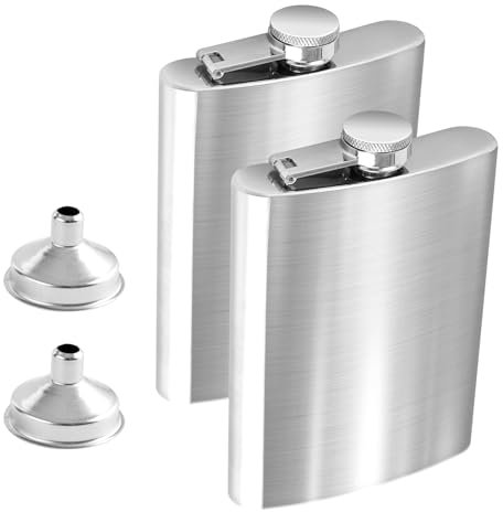2 Stück Flachmann Edelstahl Set,Hüftflasche mit Trichter,Klein Auslaufsicher Hip Flask für Alkohol,Ttragbarer Flachmann Männer Frauen,für Whiskey,Rum,Wodka,Geeignet Wandern und Party (8 oz. 220ml)