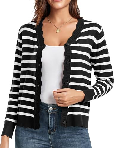 GRECERELLE Cardigan pour femme avec boutons et col en V - Cardigan léger et élégant pour l'été avec dentelle, Rayures blanches et noires, L