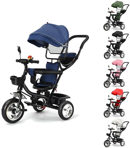 XUANYU 3in1 Kinderdreirad mit Schubstange Lenksystem Drehbarer Sitz Aufrüstbare Dreirad für Kinder Dreirad mit Sonnendach Buggy Fahrrad Vorwärts und Rückwärtsfahrt Jogger für Mädchen Jungen (Blau)