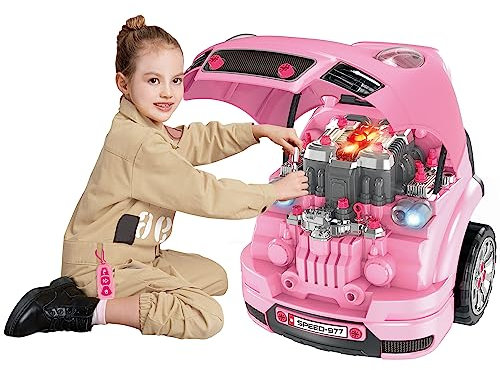HOMCOM Motor de Camión para Niños de +3 Años Conjunto de Motor de Juguete con 61 Piezas Volante Bocina Faros Caja de Almacenaje y Ruedas 40x39x47 cm Rosa