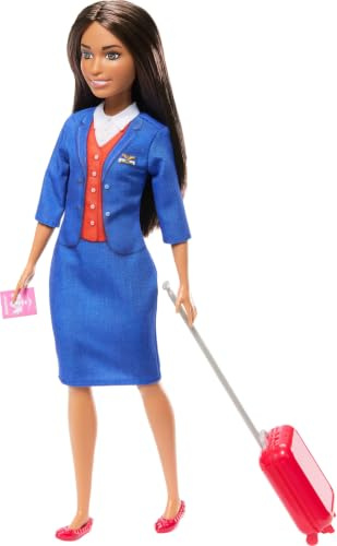Barbie Poupée Brunette Fashion Attendant en uniforme bleu amovible, comprend une valise à roulettes, des écouteurs et des accessoires pour passeport