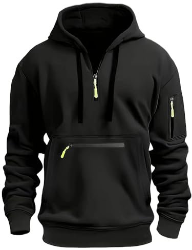 MakingDa Felpa con cappuccio da uomo con cerniera a 1/4, tasca con cerniera, coulisse, in pile, a maniche lunghe, con polsino, vestibilità aderente, alla moda, casual, classica, da lavoro, Nero , XL